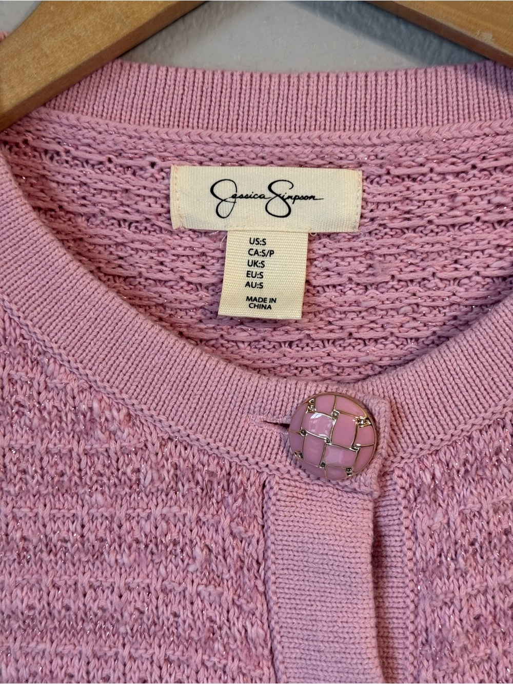 Jessica Simpson Pink Tweed Knit Cropped Button Up Sweater Women’s Size Small - Picture 2 of 7